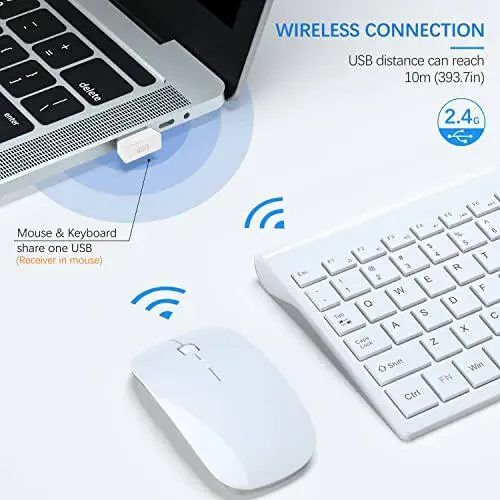 Wireless Keyboard and Mouse Ultra Slim Combo, TopMate 2.4G Silent Compact USB 2400DPI Mouse and Scissor Switch Keyboard Set with Cover, Batteries Included, for PC/Laptop/Windows/Mac - White - 3