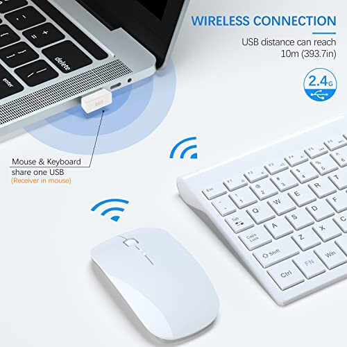 TopMate Wireless Keyboard and Mouse Ultra Slim Combo, 2.4G Silent Compact USB Mouse and Scissor Switch Keyboard Set with Cover, 2 AA and 2 AAA Batteries, for PC/Laptop/Windows/Mac - White - 3