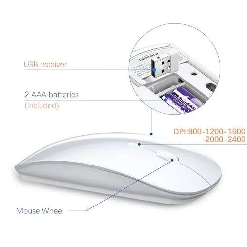 TopMate Wireless Keyboard and Mouse Ultra Slim Combo, 2.4G Silent Compact USB Mouse and Scissor Switch Keyboard Set with Cover, 2 AA and 2 AAA Batteries, for PC/Laptop/Windows/Mac - White - 6
