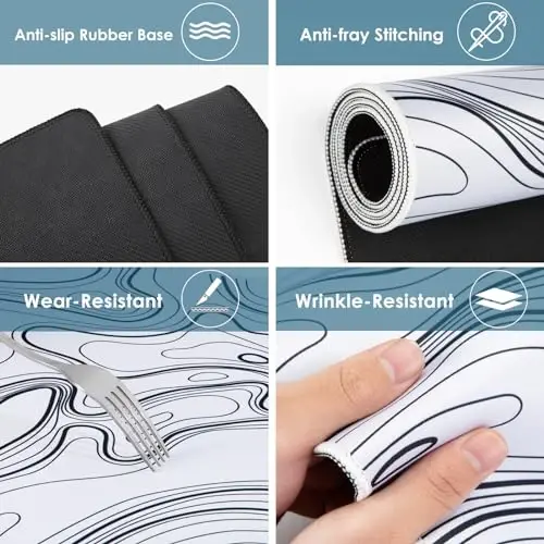 Topography Map Extend Large Gaming Mouse Pad Desk Accessories for Office Decor, Long Laptop Keyboard Mouse Mat, Abstract White Line Bird Pattern (31.50