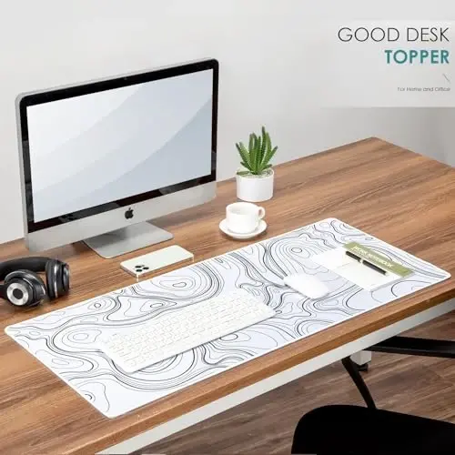 Topography Map Extend Large Gaming Mouse Pad Desk Accessories for Office Decor, Long Laptop Keyboard Mouse Mat, Abstract White Line Bird Pattern (31.50