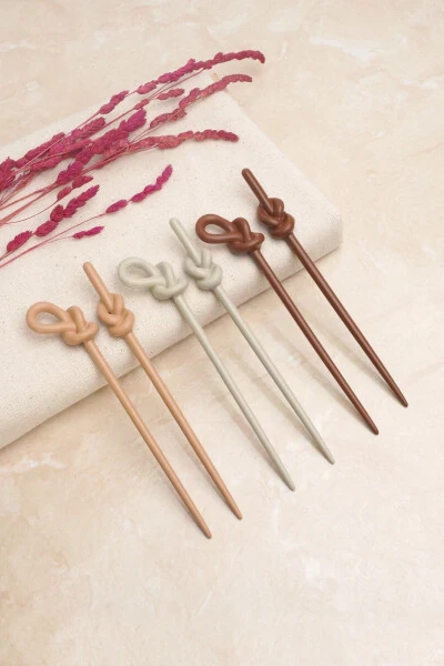 Topuz Tokası Kadın 6 Adet Kahverengi Tonlar Kadın Topuz Çubuğu-Kahverengi - 3