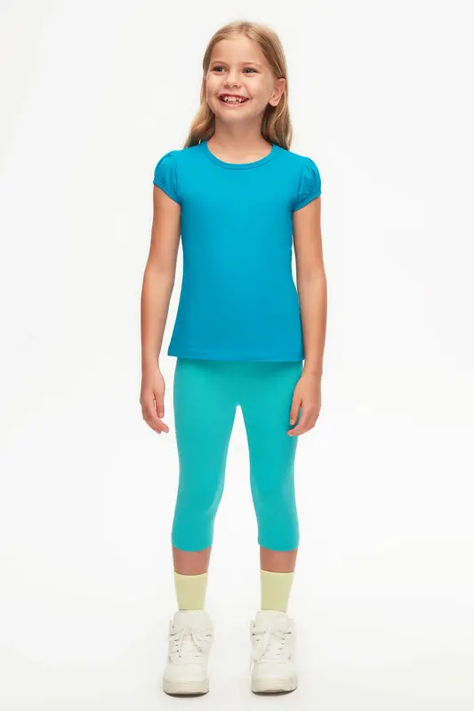 To'q firuza asosli qizlar uchun nol yoqali tarvuz yengli futbolka - OCEAN TURQUOISE - LOVETTI