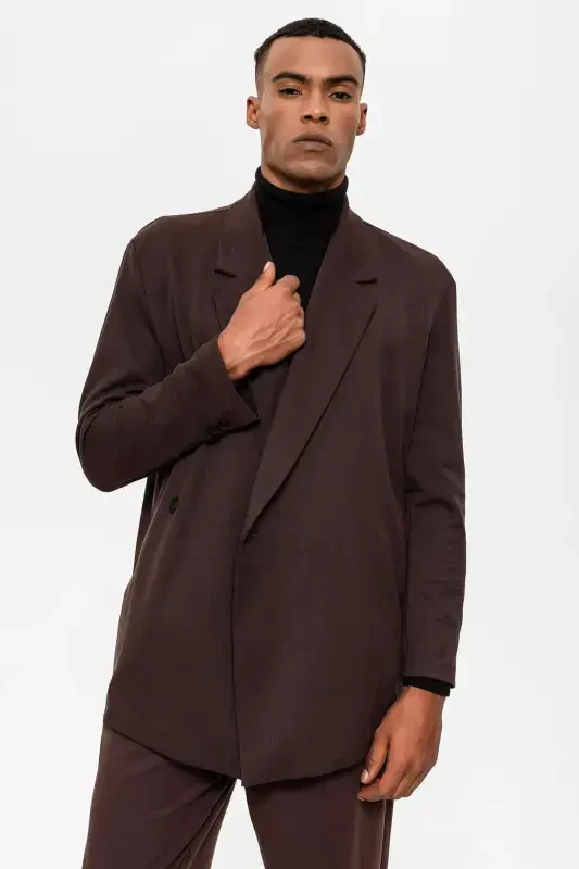 To'q jigarrang o'ralgan yashirin cho'ntakli erkaklar blazer pidjagi - To'q jigarrang - 4