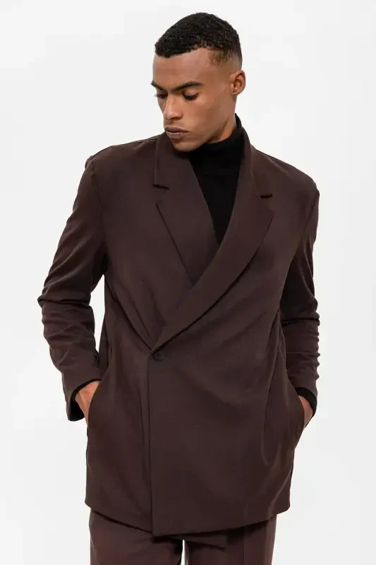 To'q jigarrang o'ralgan yashirin cho'ntakli erkaklar blazer pidjagi - To'q jigarrang - 6