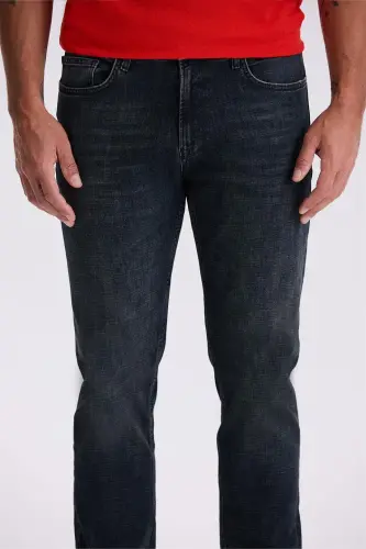 To‘q ko‘k-1 Slim Fit yuvilgan, eskirgan uslubdagi paxtali tor bichimdagi jinsi shim - 4