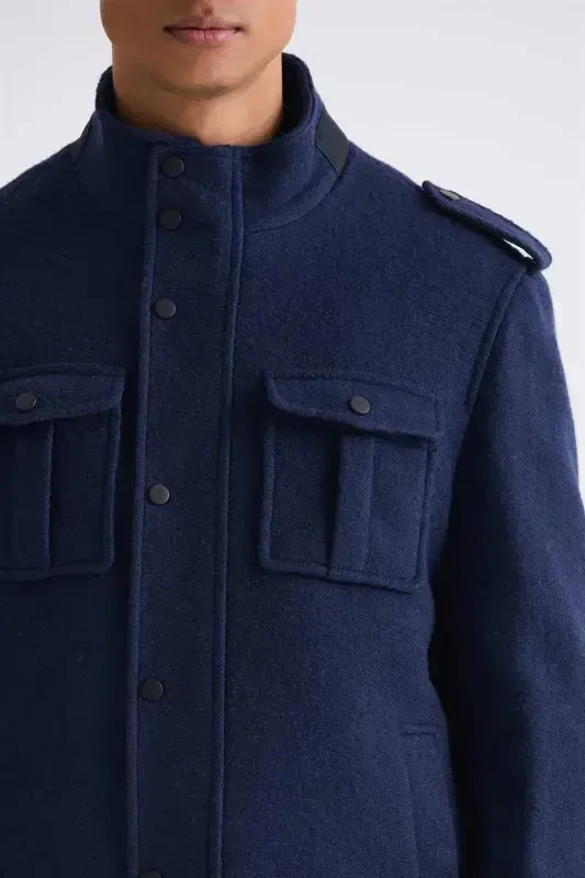 To'q ko'k binafsha rangli ingichka va tana olgan Mandarin yoqali Epoletli naqshli Sport Kesh palto - 3