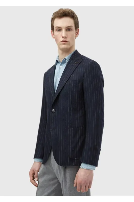 To'q ko'k chiziqli Zeroweight Slim Fit jun aralashmasi ko'ylagi - 3