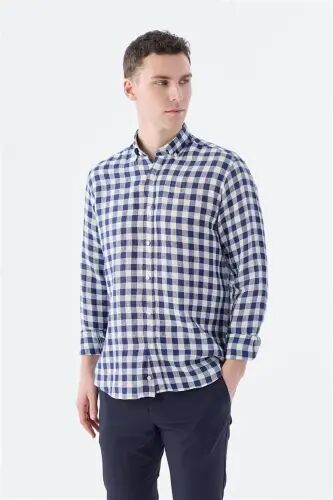To‘q ko‘k Comfort Fit katakli 100% zig‘ir matoli ko‘ylak - 1