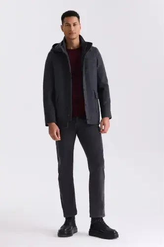 Toʻq koʻk Comfort Fit Mandarin yoqasi naqshli kaputli jun sport koʻt - JAKAMEN (1)