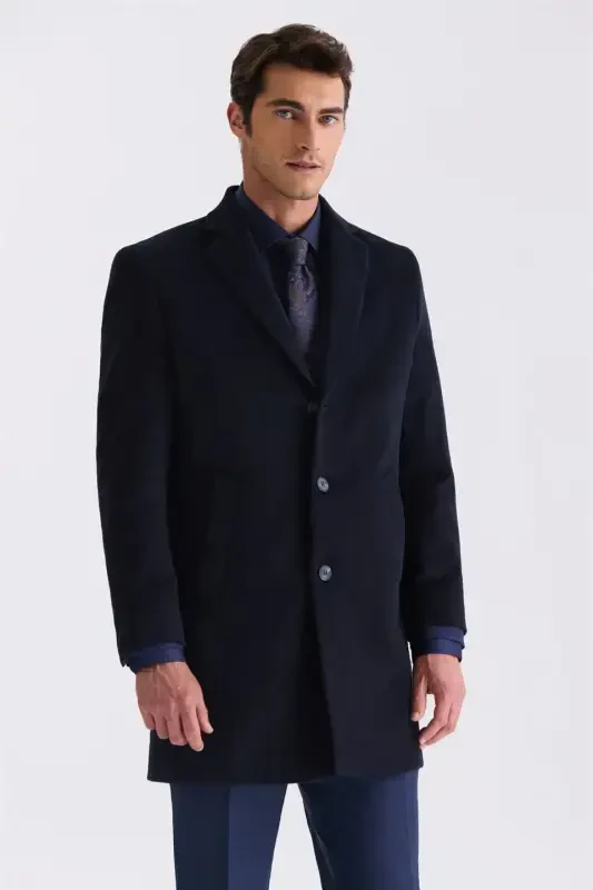 To'q ko'k Comfort Fit Mono yoqali yon cho'ntakli kaşmir пальто - 1