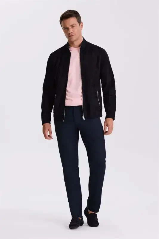 To'q ko'k Comfort Fit Tik tur yoqali ikki tomonlama 100% charm charm teridan qilingan kurtkalar - Modazone