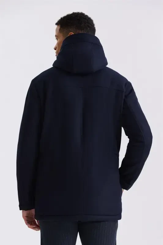 To'q ko'k qora Comfort Fit kapşonlu jun junidan ko'ylagi - 4