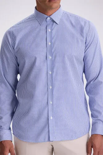 To'q ko'k rangli 100 % paxtadan tikilgan, chiziqli, dazmolga muhtoj bo'lmagan Non Iron kurtak - 3