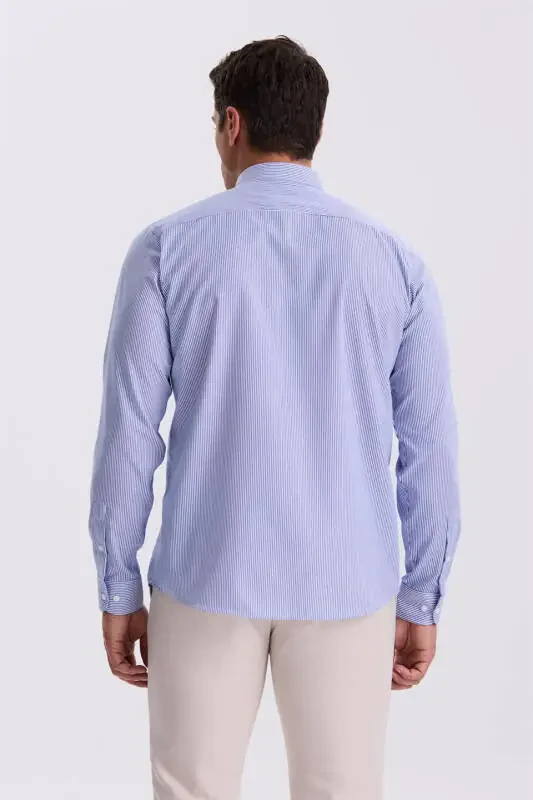 To'q ko'k rangli 100 % paxtadan tikilgan, chiziqli, dazmolga muhtoj bo'lmagan Non Iron kurtak - 4