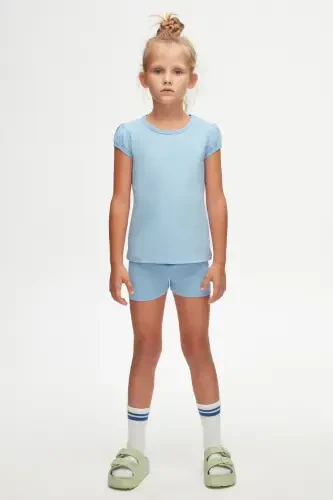 To‘q ko‘k rangli asosiy qiz bolalar uchun dumaloq yoqali tarvuz yengli futbolka - SKY BLUE - 1