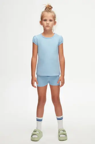 To‘q ko‘k rangli asosiy qiz bolalar uchun dumaloq yoqali tarvuz yengli futbolka - SKY BLUE - 1