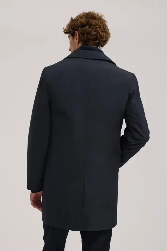 To'q ko'k Rangli Comfort Fit Berber Yoqali Yashirin Tugmali Kurtka - 4