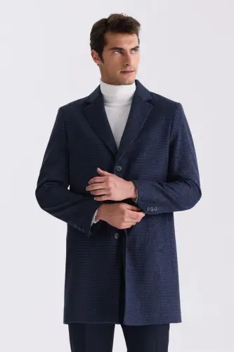 Toʻq koʻk Rangli Comfort Fit Mono Yoqali Naqshli Toʻgʻri Burchakli Kaşmir Palto - 1