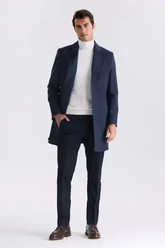 Toʻq koʻk Rangli Comfort Fit Mono Yoqali Naqshli Toʻgʻri Burchakli Kaşmir Palto - JAKAMEN (1)