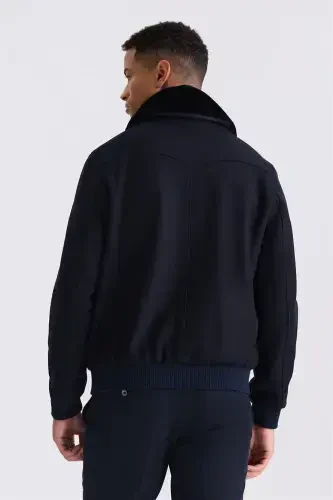 To'q ko'k rangli Regular Fit echib olinadigan mo'ynali yoqali kauchuk junli junli junli Palto - 4