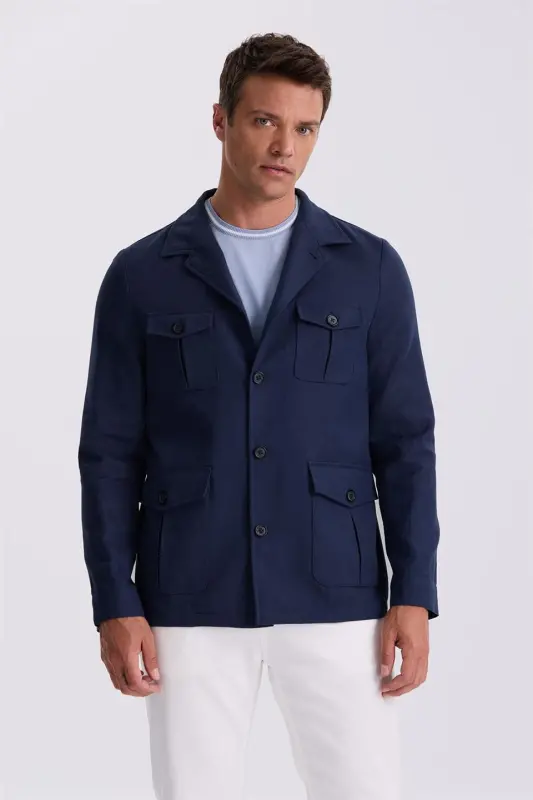 To'q ko'k rangli, slim fit, cho'ntakli, zig'ir va paxta aralash mavsumiy safari kurtka - 2