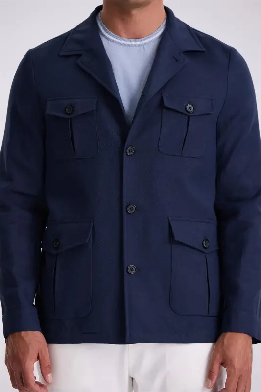 To'q ko'k rangli, slim fit, cho'ntakli, zig'ir va paxta aralash mavsumiy safari kurtka - 3