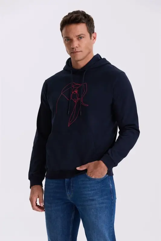 To'q ko'k rangli, slim fit, kapyushonli, printli, 100% paxtadan tayyorlangan svitshot - JAKAMEN