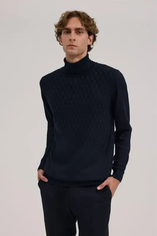 Toʻq koʻk rangli Slim Fit naqshli toʻliq baland boʻyinli trikotaj - JAKAMEN