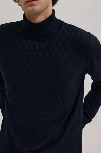Toʻq koʻk rangli Slim Fit naqshli toʻliq baland boʻyinli trikotaj - 3