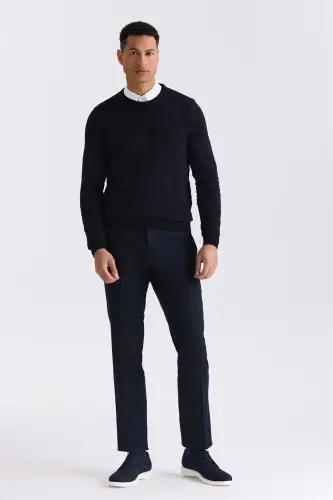 To'q ko'k rangli Slim Fit Velo yaka naqshli triko kozok - 3