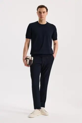 To'q ko'k rangli Slim Fit yumaloq yoqali Rayon T-Shirt - 2