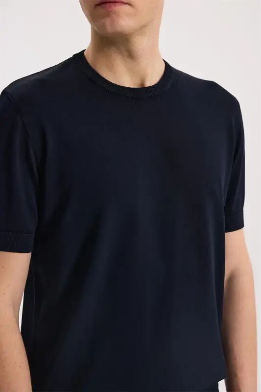 To'q ko'k rangli Slim Fit yumaloq yoqali Rayon T-Shirt - 3