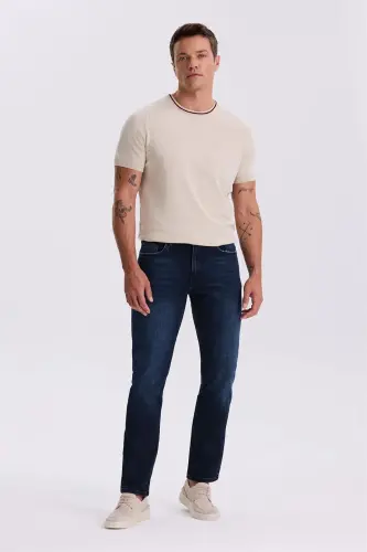 To'q ko'k rangli, slim fit, yuvilgan, tor bichimli, paxtali jinsi shim - JAKAMEN (1)