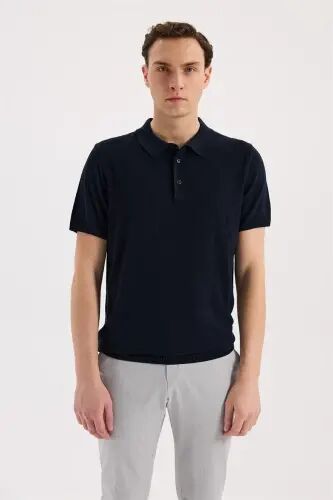 To'q ko'k rangli, tor slim fit naqshli triko polo yoqali t-shoyka - 2