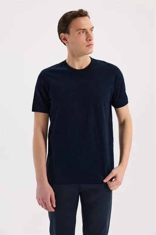 To'q ko'k Slim Fit Druchkali O'rama Yoqa Naqshli 100% Paxta T-Shirt - JAKAMEN