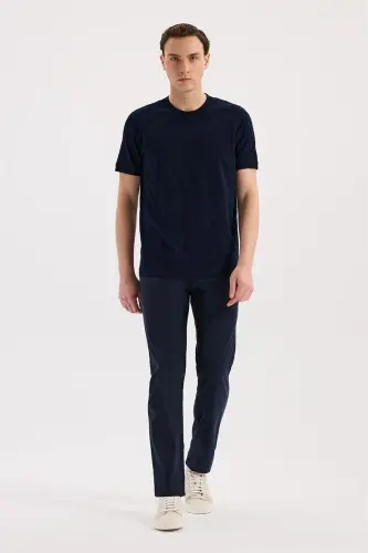 To'q ko'k Slim Fit Druchkali O'rama Yoqa Naqshli 100% Paxta T-Shirt - 2