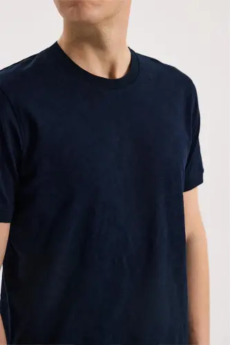 To'q ko'k Slim Fit Druchkali O'rama Yoqa Naqshli 100% Paxta T-Shirt - 3