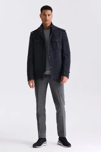To‘q ko‘k Slim Fit Joj collar Apoletli naqshli sport kashe palto - 1