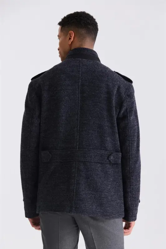 To‘q ko‘k Slim Fit Joj collar Apoletli naqshli sport kashe palto - 3