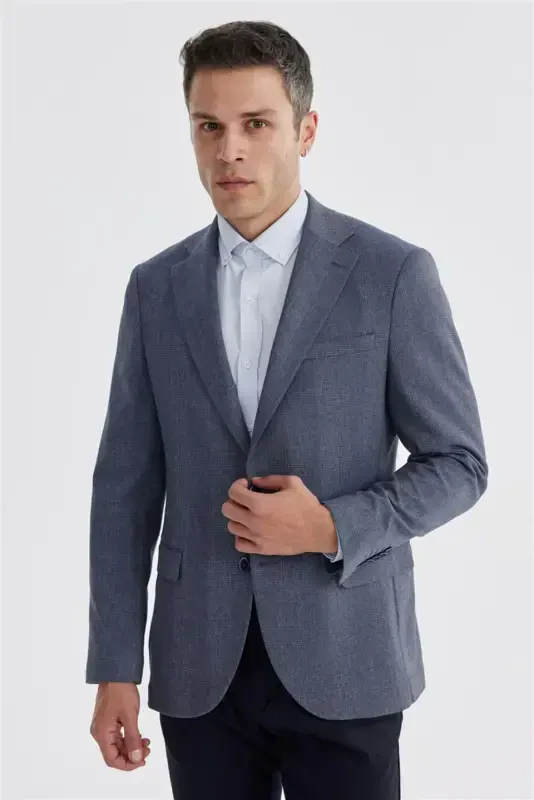 To'q ko'k Slim Fit katakli katakli ikki yirtigli pidjak - 2