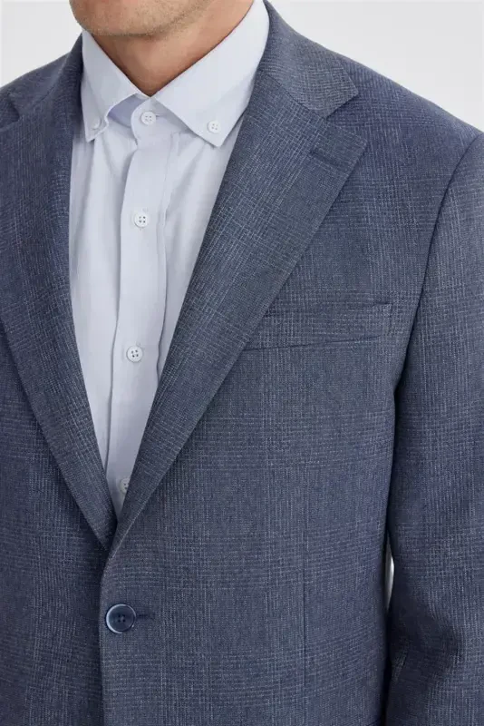 To'q ko'k Slim Fit katakli katakli ikki yirtigli pidjak - 3