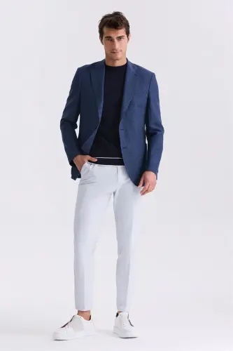 To'q ko'k Slim Fit Mono Yaka Zig'ir Sport Kurtka - 4