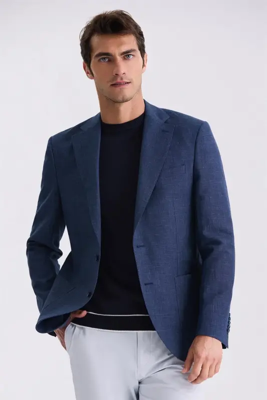 To'q ko'k Slim Fit Mono Yoqali Zig'ir Sport Kurtka - 1
