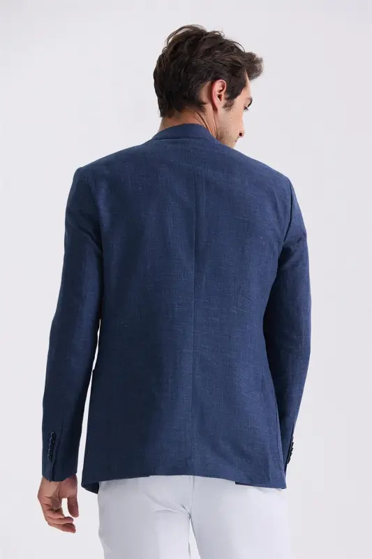 To'q ko'k Slim Fit Mono Yoqali Zig'ir Sport Kurtka - 4