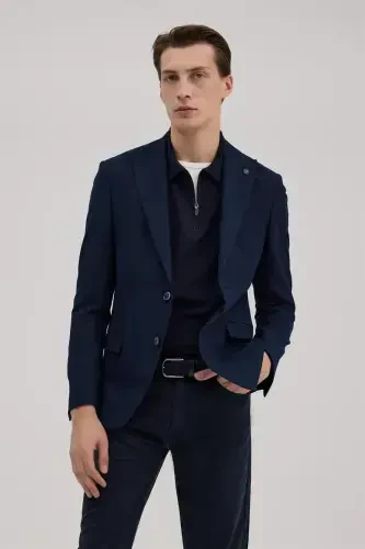 To‘q ko‘k Slim Fit naqshli o‘tkir yoqali kurtka - JAKAMEN (1)