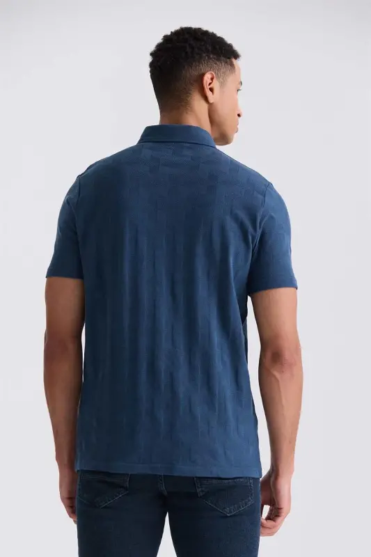 Toʻq koʻk Slim Fit naqshli Polo Yoqali futbolka - 4
