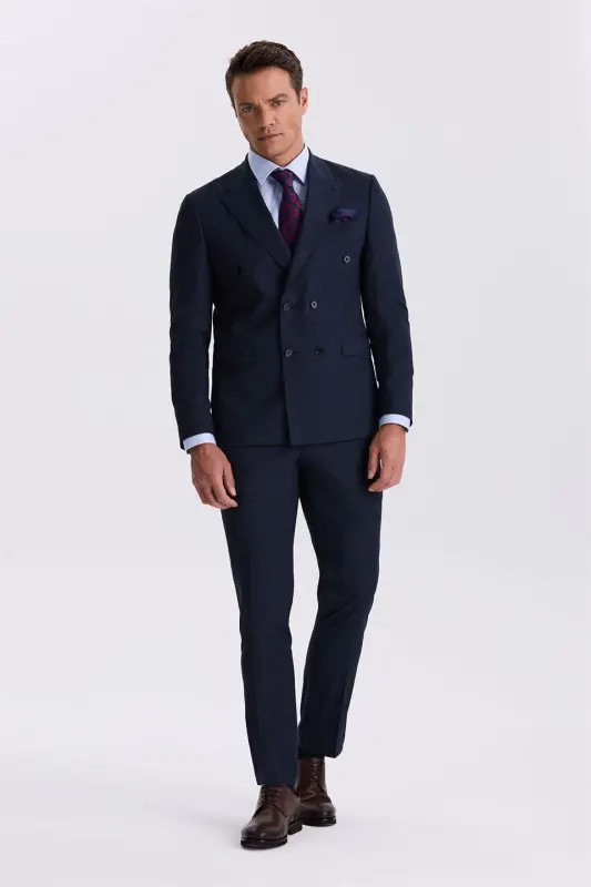 To'q ko'k Slim Fit Qaldirg'och Yoqa Ikki Yirtmaqli Junli Ikki Qatorli Kostyum - 1