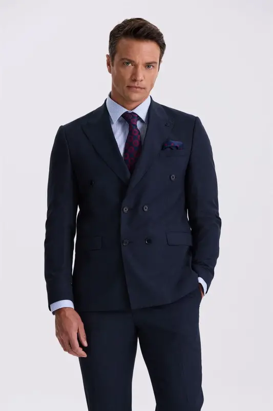 To'q ko'k Slim Fit Qaldirg'och Yoqa Ikki Yirtmaqli Junli Ikki Qatorli Kostyum - 2