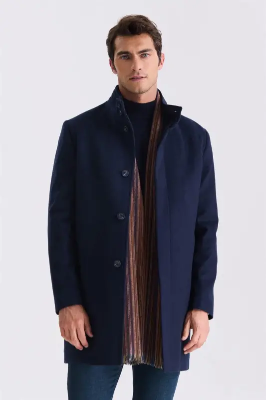 To'q ko'k Slim Fit tik yoqali baliq suyagi naqshli jun sport kurtkasi - JAKAMEN